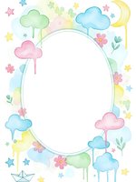 Watercolor oval frame with pastel clouds, stars, flowers and moon on white background. Nursery decor border for baby shower invitations and children designs.