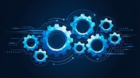 Futuristic blue glowing gears on digital circuit cloud background, symbolizing technology, automation, and cloud computing innovation.
