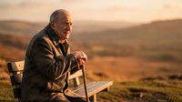 Elderly Caucasian man with walking cane sitting on wooden bench during golden hour sunset, contemplating peaceful countryside landscape for retirement concepts.
