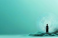Silhouette of person standing on abstract wavy surface against turquoise background with glowing spiral light portal, representing spiritual journey and enlightenment.