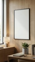 Modern minimalist office interior with blank white poster frame on wooden wall for mockup design and branding presentations in contemporary workspace.
