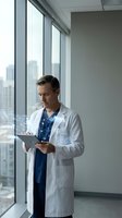 Middle-aged Caucasian male doctor in white coat using tablet computer in modern hospital office with city skyline view through large windows for medical consultation.