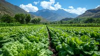 Green leafy vegetable crops growing in organized rows across fertile agricultural valley with dramatic mountain backdrop and blue sky with white clouds.