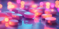 Medical pills and tablets on reflective surface with colorful bokeh lights creating dreamy pharmaceutical atmosphere. Suitable for healthcare and medicine concepts.
