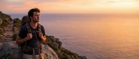 Male hiker with backpack standing on rocky cliff overlooking calm sea at sunset, enjoying outdoor adventure and nature exploration during golden hour.