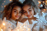 Diverse young women holding illuminated paper snowflakes against bokeh lights background, creating magical winter holiday atmosphere. Cozy festive moment.