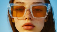 Young Asian woman wearing transparent frame sunglasses with orange lenses against blue background, close up portrait showing freckles and coral lipstick.