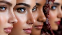 Close-up of diverse women's faces showing different skin tones, eye colors, and makeup styles. Represents beauty, diversity, and cosmetics industry concepts for advertising and editorial use.