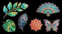 Tropical leaf branch with green and gold foliage, peacock feather, mandala flower, decorative fan, monstera leaf, and colorful butterfly. Isolated on transparent background, ready for t-shirts, clipart, stickers, sublimation, and print-on-demand designs.