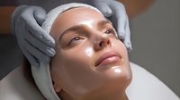 Young Caucasian woman receiving professional facial treatment with hydrating mask while aesthetician in gloves performs skincare procedure at spa salon.