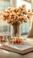 Soft peach flowers in vase with open book and glass of water on windowsill, bathed in gentle morning sunlight creating cozy reading atmosphere.