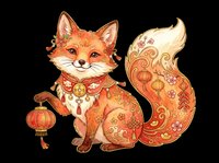 Decorative fox character with ornamental patterns and lantern, isolated on transparent background, ready for t-shirt design, clipart, stickers, sublimation and print-on-demand projects.