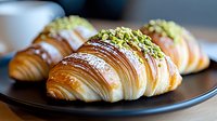 Fresh baked croissants with crushed pistachios and white glaze on dark plate, close up view of flaky layered French pastries, food photography.