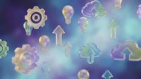 Digital technology icons including gears, light bulbs, arrows and cloud symbols floating on blurred blue and purple gradient background, representing innovation, data processing and cloud computing solutions.
