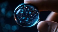 Glowing blue particles and light dots viewed through magnifying glass held by fingers against dark background, creating magical scientific atmosphere.