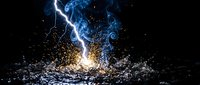 Lightning bolt strikes water surface creating dramatic splash with golden sparks and blue electrical energy against dark background for power concepts.