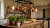 Rustic kitchen interior with copper pots hanging from wrought iron rack above wooden island with fresh herbs in terracotta pots and warm pendant lighting.