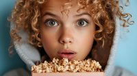 Young woman with natural curly ginger hair and bright blue eyes peeks over edge of hoodie filled with popcorn, expressing surprise and playful emotion against blue background.