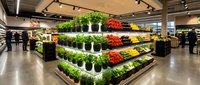 Modern grocery store produce section with fresh vegetables and herbs displayed on multi-level shelving units under track lighting in spacious retail environment.