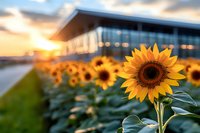 Vibrant sunflower field at sunset with modern building in background, golden hour lighting creates dreamy bokeh effect and warm atmosphere. Perfect for agriculture themes.