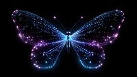 Luminous butterfly silhouette with glowing blue and purple wings created from sparkling stars and light trails against dark background, magical fantasy art.