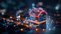 Glowing neon house blueprint on digital circuit board with orange light trails and bokeh effects, representing smart home technology and digital architecture.