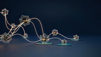 Abstract network visualization with golden geometric nodes connected by flowing curves representing data flow, connectivity and digital communication systems.