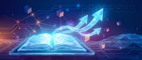 Digital open book with glowing pages and futuristic network connections, arrows pointing upward symbolizing growth and knowledge advancement in technology.