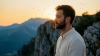 Bearded man with dark hair gazing at mountain landscape during golden hour sunset. Male model in casual white shirt contemplating scenic vista for travel, lifestyle, and wellness content.
