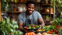 Young African American male chef in striped shirt and apron holding fresh colorful vegetable salad bowl in rustic kitchen with natural lighting and green plants.