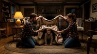 Family building blanket fort together in cozy living room with parents and child creating magical hideaway space for imaginative play and bonding time.