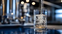 Clear water being poured into crystal glass on bar counter with bokeh lights creating elegant drinking atmosphere for hospitality and beverage service.