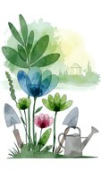 Watercolor garden scene with blooming flowers, watering can and tools on white background for spring gardening and botanical design projects.