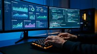 Professional trader analyzing financial data on multiple monitors with charts, graphs and market statistics in modern trading office environment.