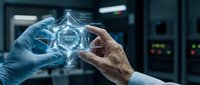 Hand in protective glove holding holographic network structure with glowing connections in modern laboratory setting for technology and innovation concepts.