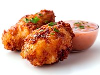 Crispy fried chicken wings with spicy sauce and creamy pink dipping sauce garnished with fresh herbs, served on white background. Close up food photography.