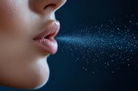 Close up profile of plump lips with shimmering particles floating in dark blue atmosphere creating magical ethereal effect against black background.