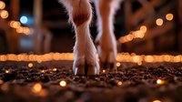 Small white and brown dog paws standing on wet pavement with warm golden bokeh lights creating magical evening atmosphere for pet photography and lifestyle content.