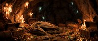 Ancient dragon skeleton lies in mysterious cave with glowing crystals and scattered treasure coins creating atmospheric fantasy scene for gaming concepts.