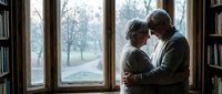 Elderly couple embracing by library window overlooking winter park. Senior man and woman sharing intimate moment surrounded by books in cozy home interior.