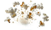 Flying popcorn kernels bursting into white fluffy pieces with golden centers against pure white background, isolated food motion capture for snack advertising.