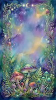 Enchanted forest mushroom garden with ornate botanical frame, glowing stars, and dreamy watercolor galaxy sky in purple, blue, and gold tones.