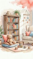 Cozy nursery interior with wooden bookshelf, teddy bear, alphabet blocks, armchair and star mobile in soft watercolor style for children's room decor.