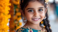 Young South Asian girl wearing traditional blue and gold embroidered dress and jewelry smiles warmly against blurred marigold garland background. Cultural celebration portrait.