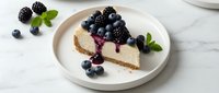 Creamy cheesecake slice topped with fresh blueberries and blackberries on white plate. Delicious dessert with berry compote and mint garnish for bakery menu.