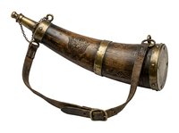 Antique brass and wood telescope with leather carrying strap, isolated on white background. Vintage nautical navigation instrument for maritime exploration, decoration, or historical reenactment.