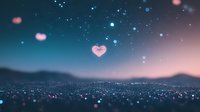 Glowing heart shape floating in night sky over city lights with dreamy bokeh effect and mountain silhouettes against pink and blue gradient horizon.