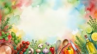 Watercolor cooking background with fresh vegetables, herbs, and kitchen utensils arranged around white space. Ideal for recipe blogs, culinary websites, food packaging, and restaurant menus.