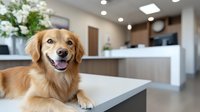 Happy golden retriever dog sitting at modern veterinary clinic reception desk with friendly expression and tongue out.