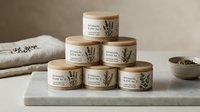 Stacked botanical candles with kraft labels and dried herbs on neutral linen surface, ideal for wellness, home decor, and product photography.
